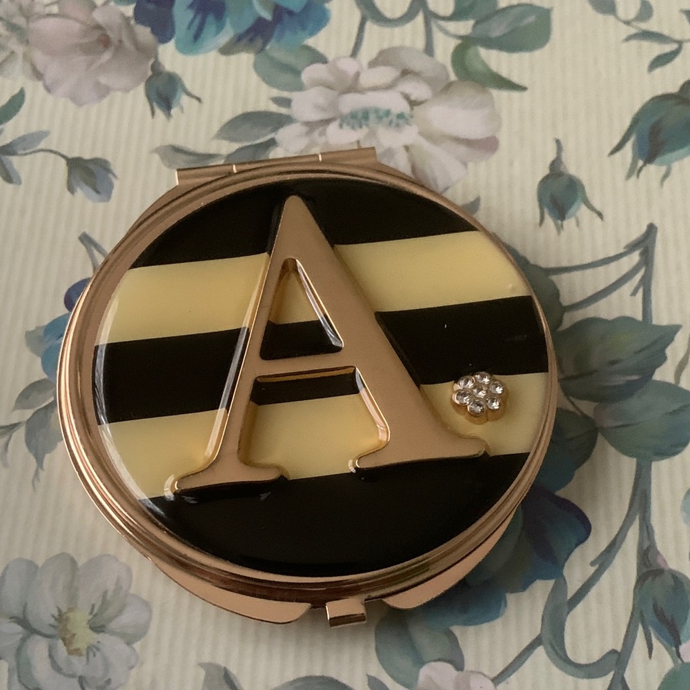 Striped Compact Mirror with Gold Letter A